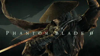 Epic key art shows a stern black-haired warrior in a wide woven hat holding an ornate sword diagonally against a deep teal-black painted background.