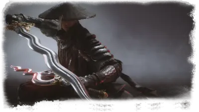 A shadowed fighter in a broad hat swings a luminous cord-like weapon.