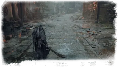 A figure walks a ruined township street of cracked wet stone and red leaves.