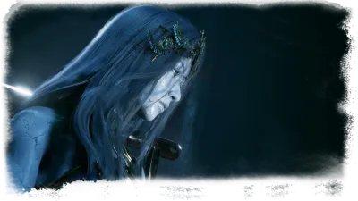 A pale spectral figure with long blue-white hair floats in cold blue light.