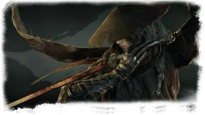 A heavily equipped guardian in a battered wide-brimmed hat carries a polearm.