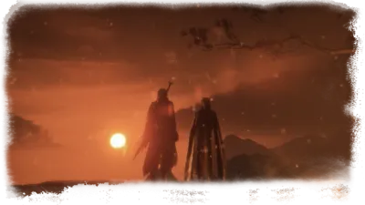 Two figures stand on high ground against a low orange sun over distant ridges.