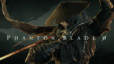 PlayStation key art shows a lone black-haired warrior in a frayed woven hat holding an ornate sword across a deep green-black painted background.
