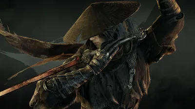 A warrior in a battered woven hat braces an ornate red-stained katana across a smoky green-black background lit with warm gold.