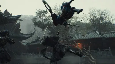 Several dark-clad fighters clash acrobatically above a tiled temple roof.