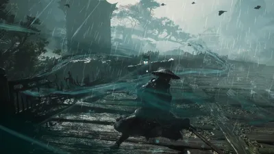 A straw-hatted fighter crouches on a flooded wooden walkway facing a horned warrior with a glowing blue mask in heavy rain.
