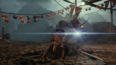 A hulking armoured enemy stands under strings of red paper lanterns.