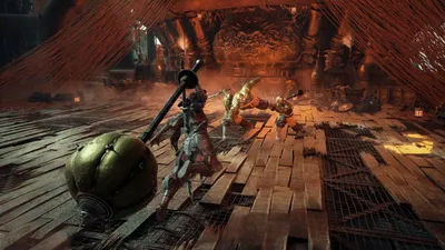A swordsman stands on a burning timber platform with a gourd in the foreground.