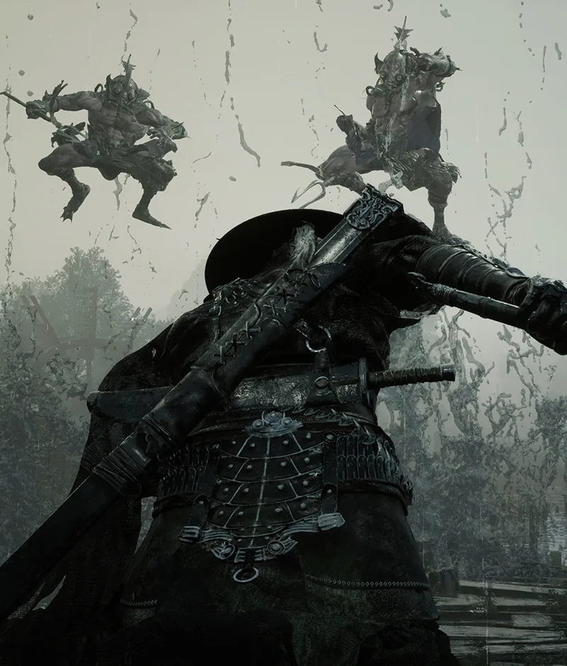 Soul leaps between airborne enemies above a misty forest courtyard.