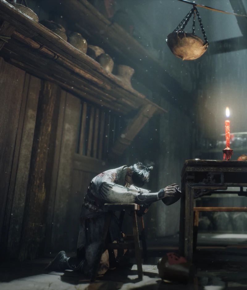 Soul crouches in a candlelit workshop filled with old machinery.