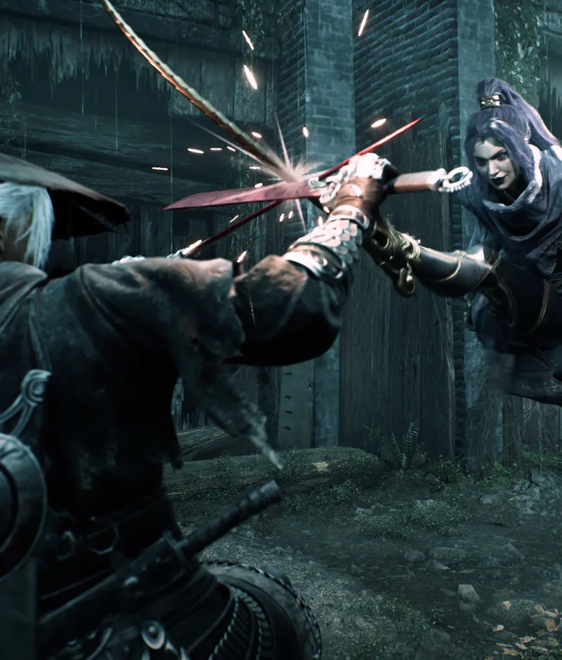 Soul clashes with a grey-skinned enemy in a rain-darkened alley.