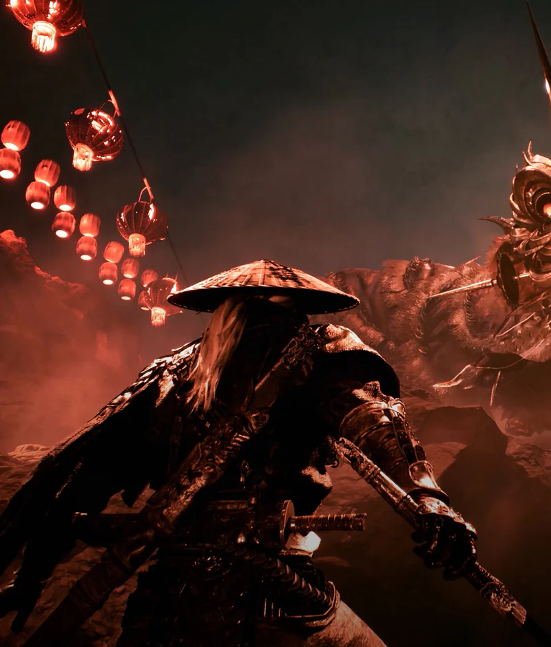 Soul confronts a fiery armoured figure beneath red lanterns.