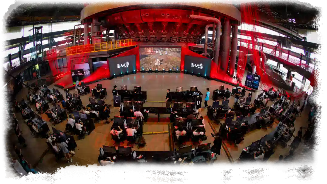 The interior of a red-lit faction hall.