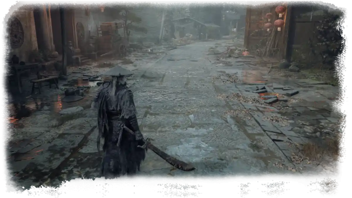 A ruined township street under drifting mist.