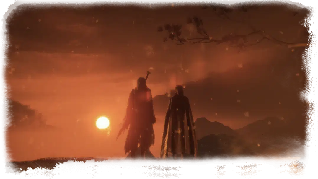 Two figures overlooking the martial world at sunset.